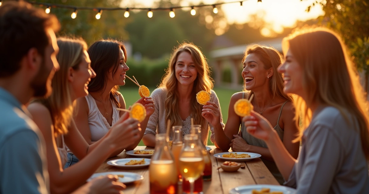 Adultos rindo e comendo crepe suíço 