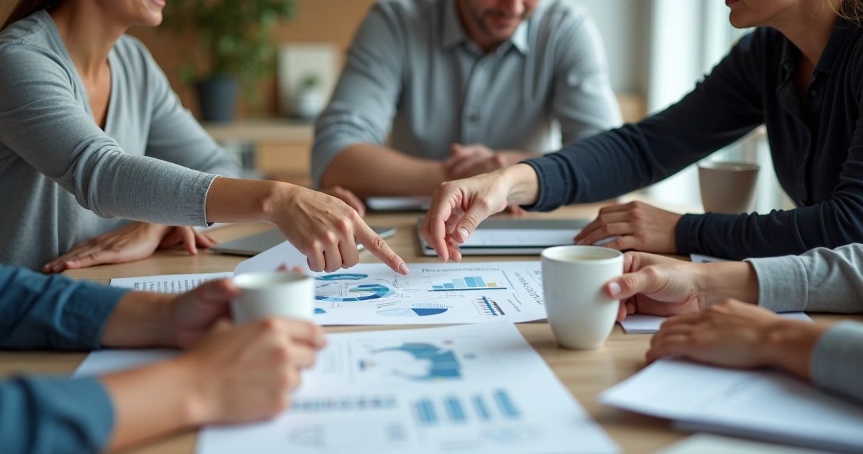 Adults working together at a table, collaborating around documents