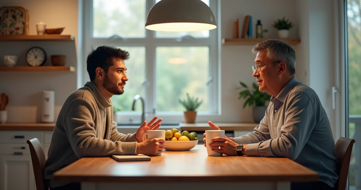 Two adults having a calm discussion at a kitchen table with coffee mugs 