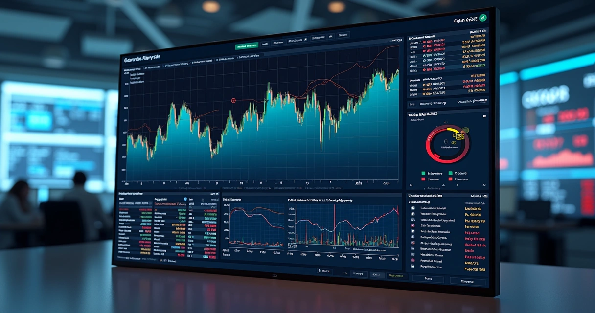 Digital dashboard displaying real-time commodity risk analytics with a futures curve and volatility surface chart.