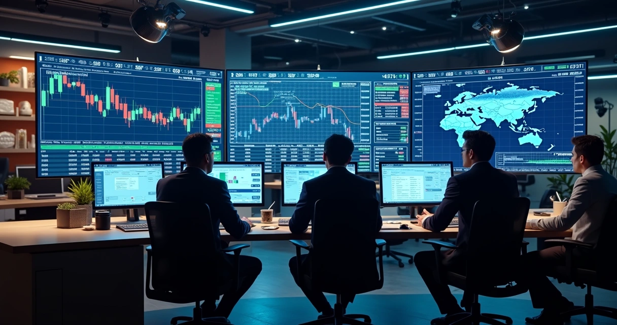 Risk management team using AI dashboard with commodity charts and analytics. 