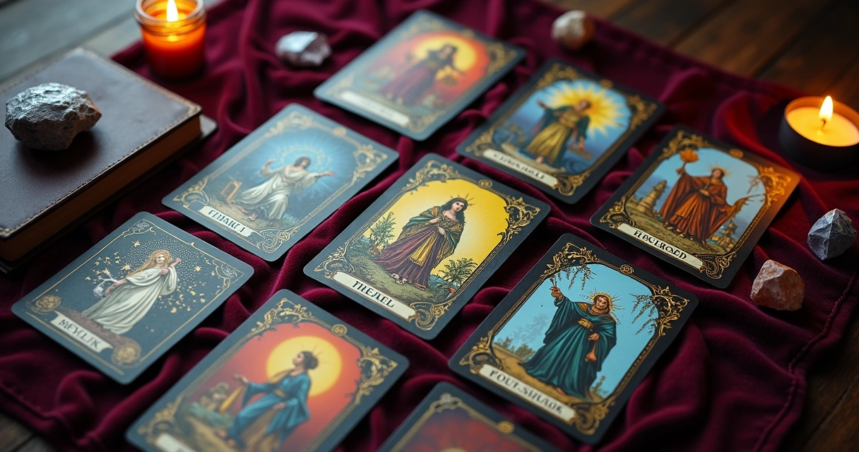 Complex tarot card spread on velvet cloth 