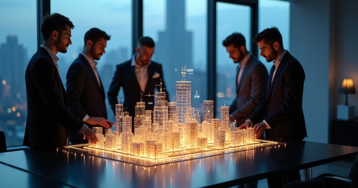 Equipe de advisors analisando modelo em 3D de empresas conectadas 