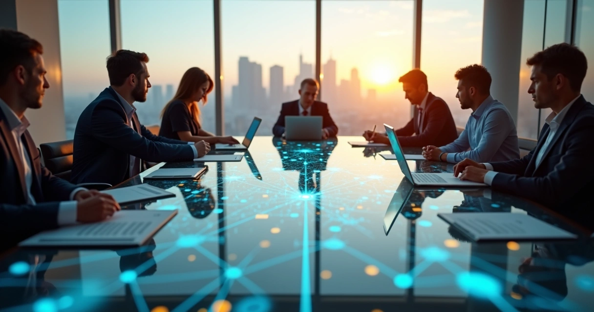 Conselheiros de negócios em mesa redonda integrada a rede de conexões digitais 