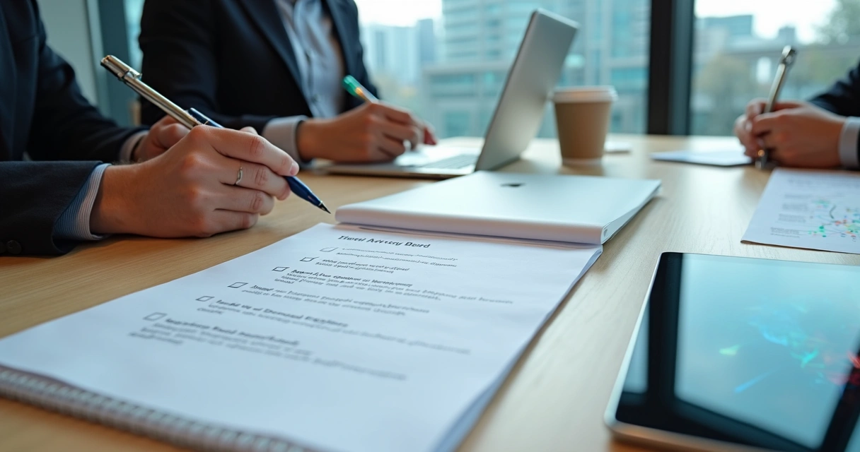 Checklist organizado para advisory board sobre mesa de reunião de startup de tecnologia 