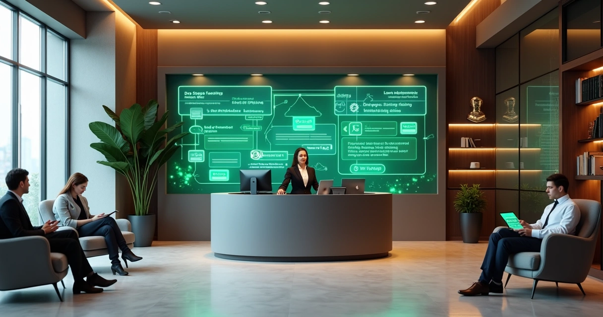 Recepção de escritório de advocacia com painel digital de atendimento omnicanal 