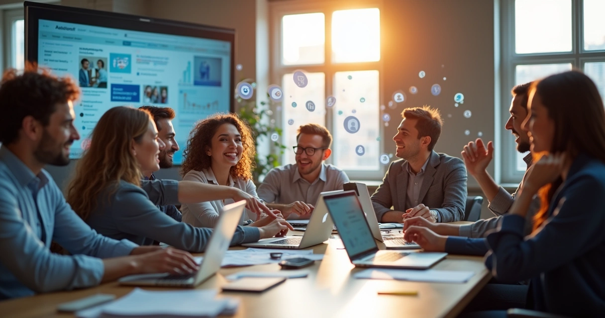 Equipe reunida em frente a notebooks, colaborando em estratégia digital