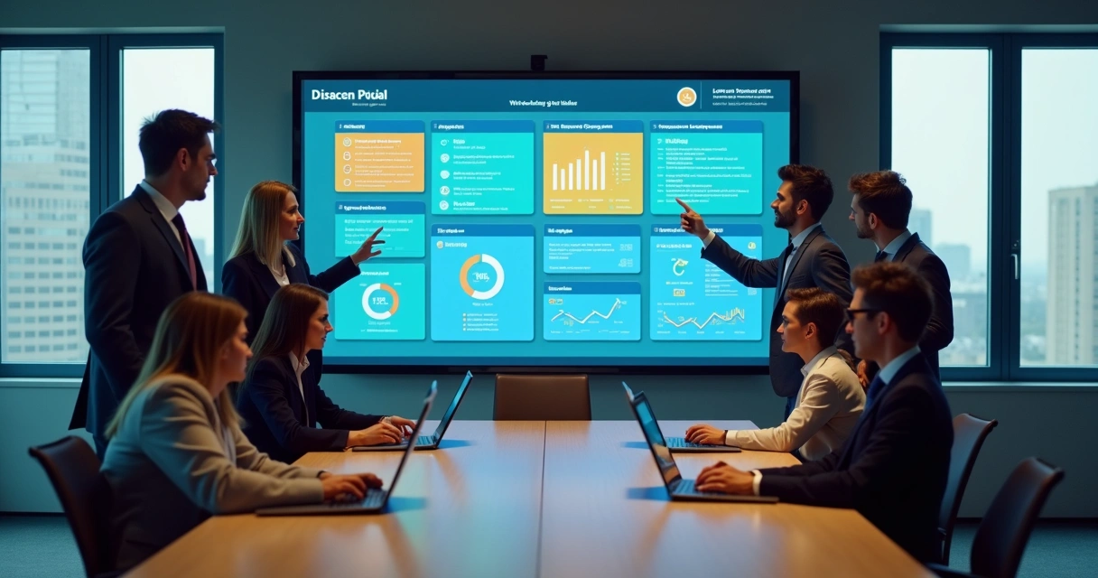 Equipe jurídica analisando painel digital com dados de atendimentos e contratos 