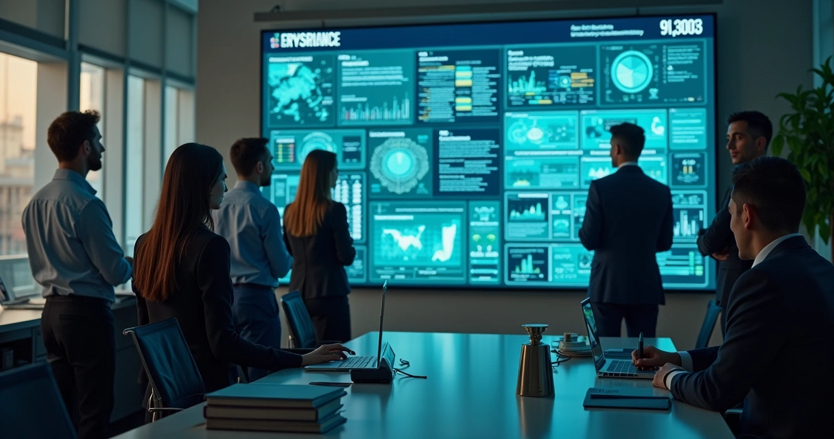 Equipe jurídica analisando telão digital com IA 