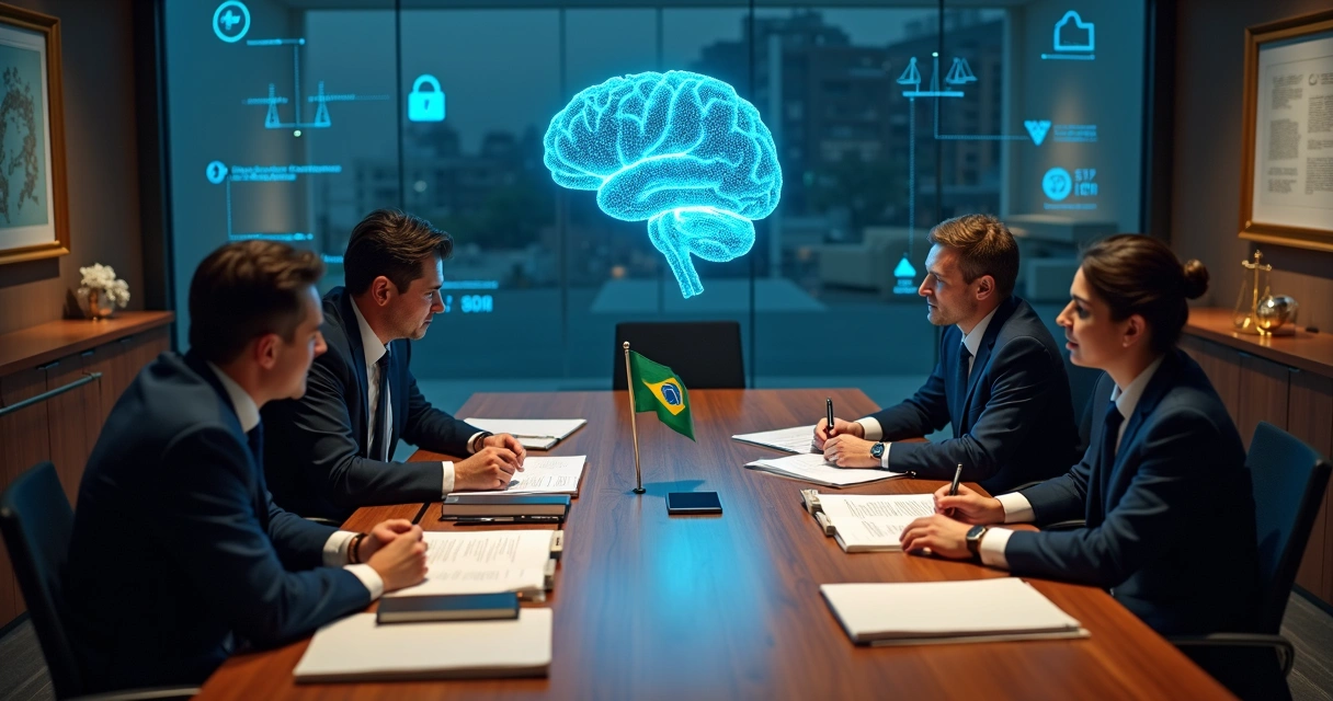 Sala de reunião jurídica com holograma de inteligência artificial ao centro da mesa 