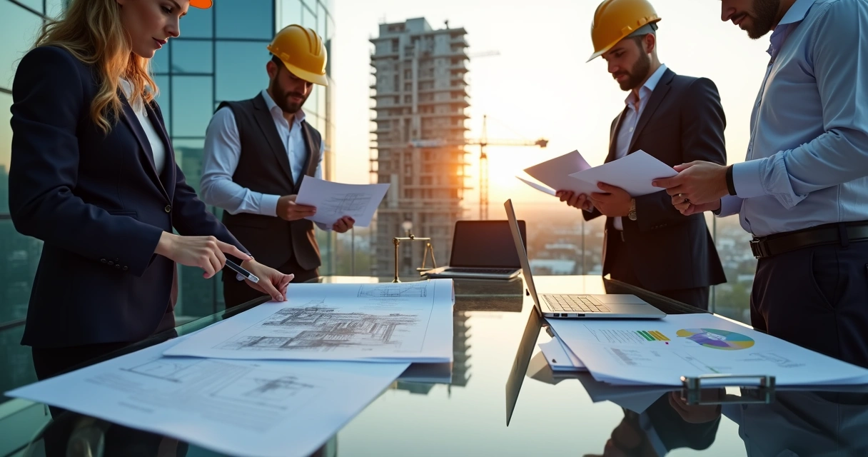 Equipe analisa plantas e contratos em frente a canteiro de obras de edifício 