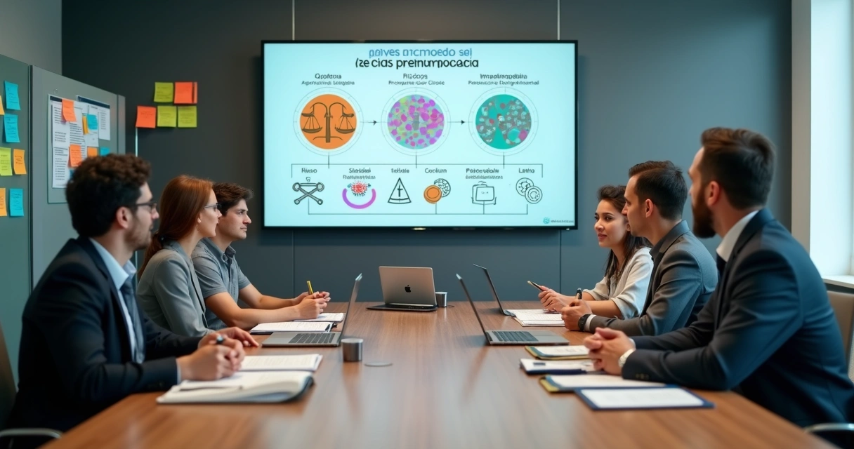 Equipe jurídica analisando riscos psicossociais em reunião corporativa 