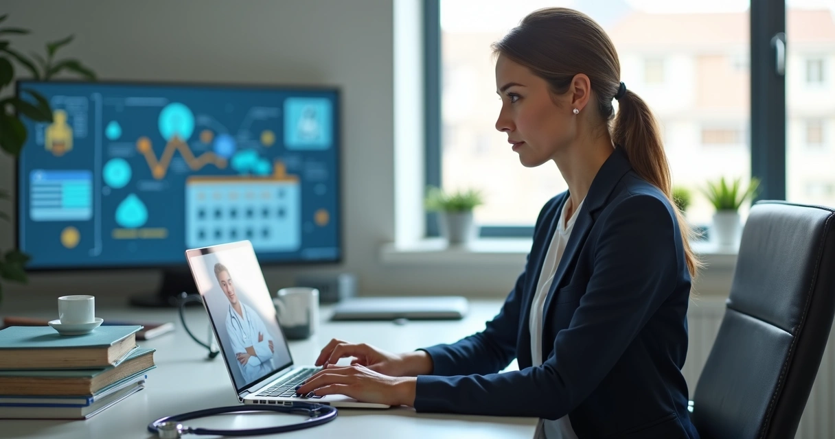 Advogada utilizando laptop para agendar consulta médica online com especialista para laudo jurídico 