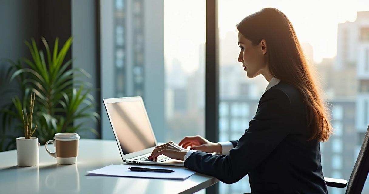 Advogada sentada analisando informações no notebook 