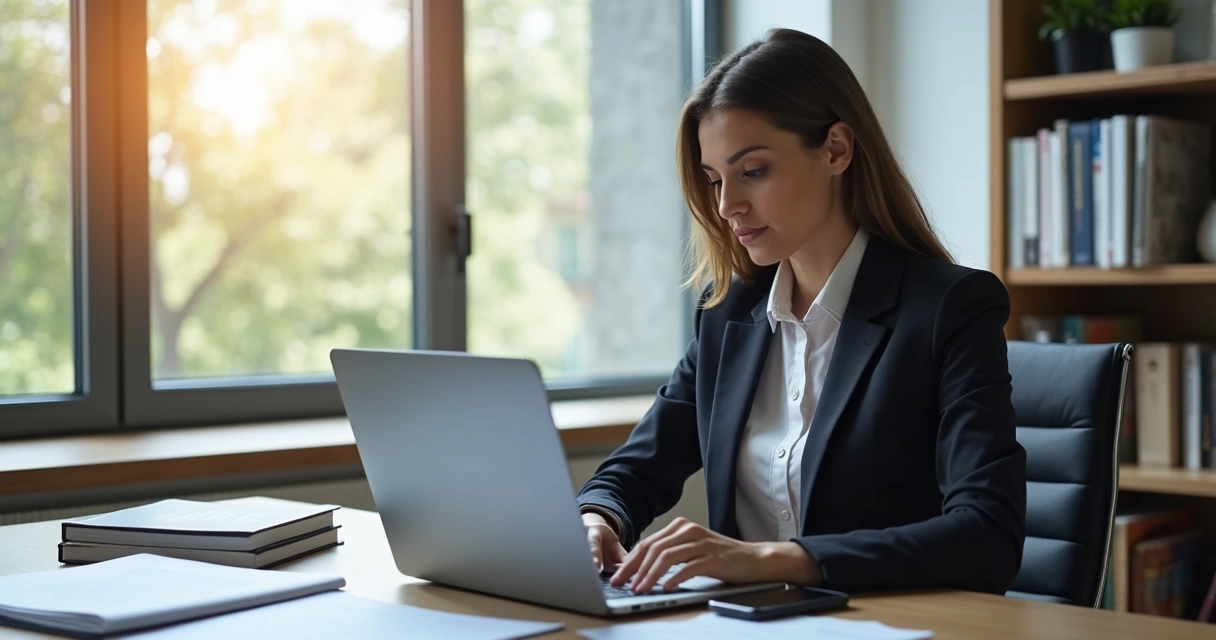 Advogada trabalhando com laptop ao lado de janela com luz natural 