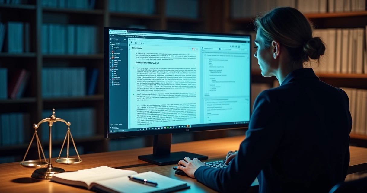 Advogada conferindo notificação extrajudicial por e-mail com provas digitais na tela do computador 