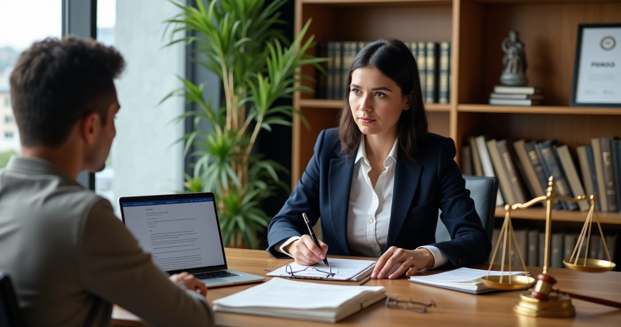Advogada orienta cliente sobre pensão alimentícia atrasada em escritório moderno 
