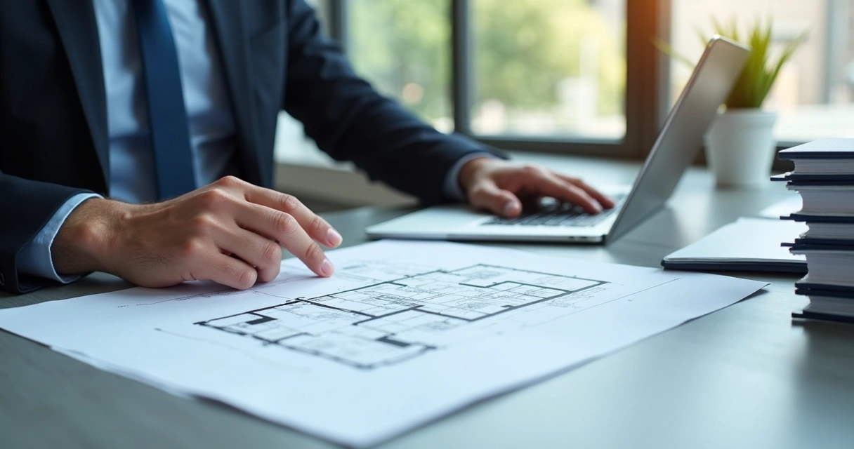 Advogada analisando planta de imóvel 