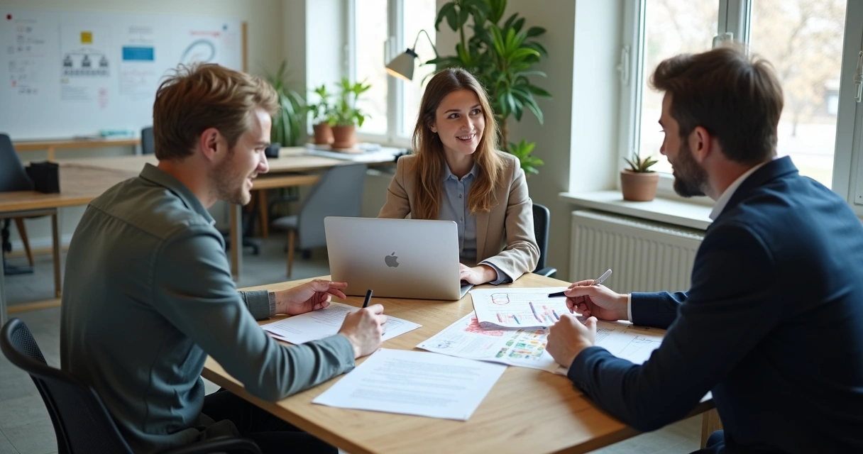 Advogada em reunião com fundadores de startup, analisando contratos digitais 