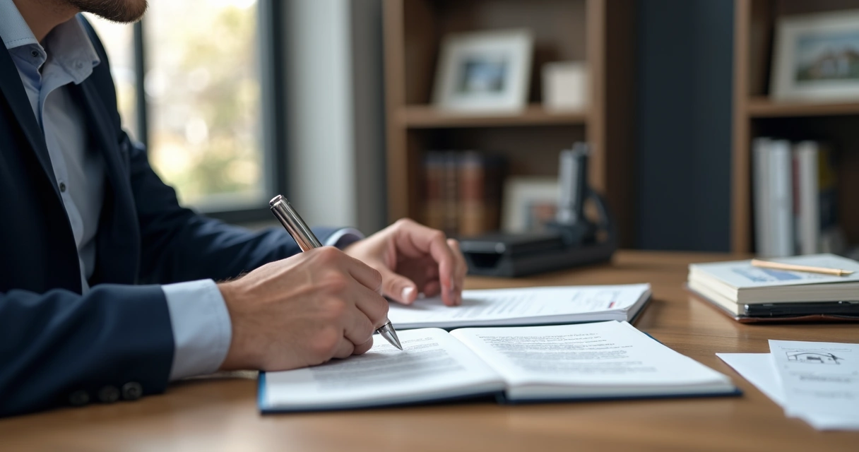 Advogada revisando contrato de imóvel no escritório 