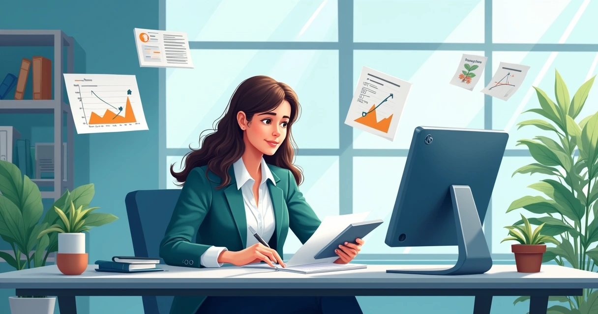 Advogada em escritório moderno, cercada por tecnologia de IA e gráficos de análise, simbolizando eficiência na advocacia.
