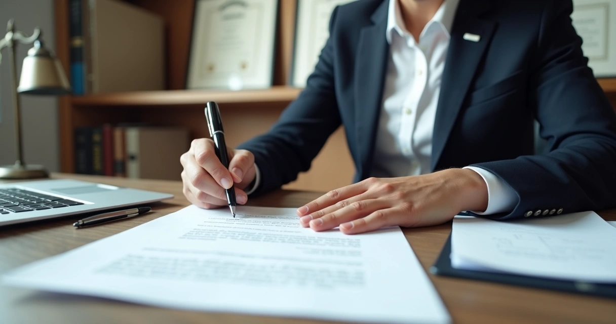 Advogada assinando contrato em escritório moderno com documentos e laptop sobre a mesa 
