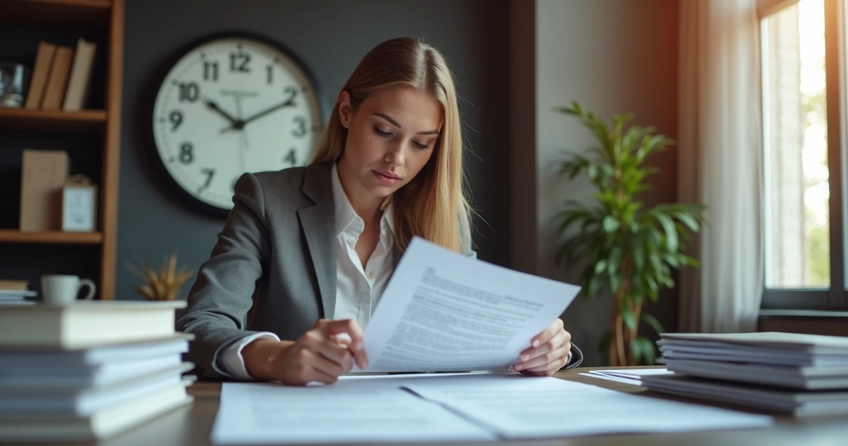 Advogada revisando contrato de trabalho em escritório moderno com pilha de documentos e relógio ao fundo mostrando horário 