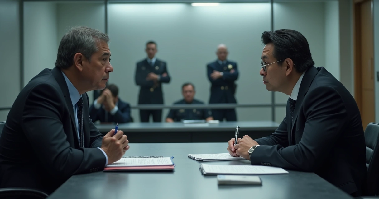 Advogado acompanhando depoimento em sala de delegacia 