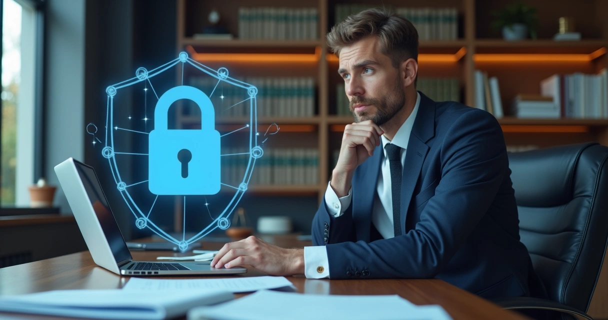 Advogado com notebook analisando documento digital protegido em escritório 