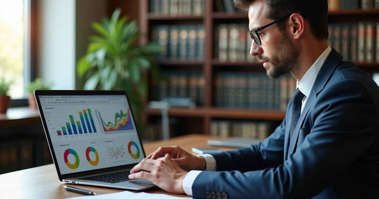 Advogado analisando gráficos e tabelas jurídicas em um notebook 