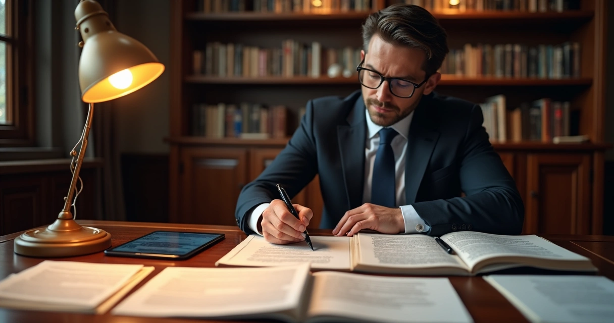 Advogado analisando documentos de defesa em ambiente formal, com expressão atenta. 