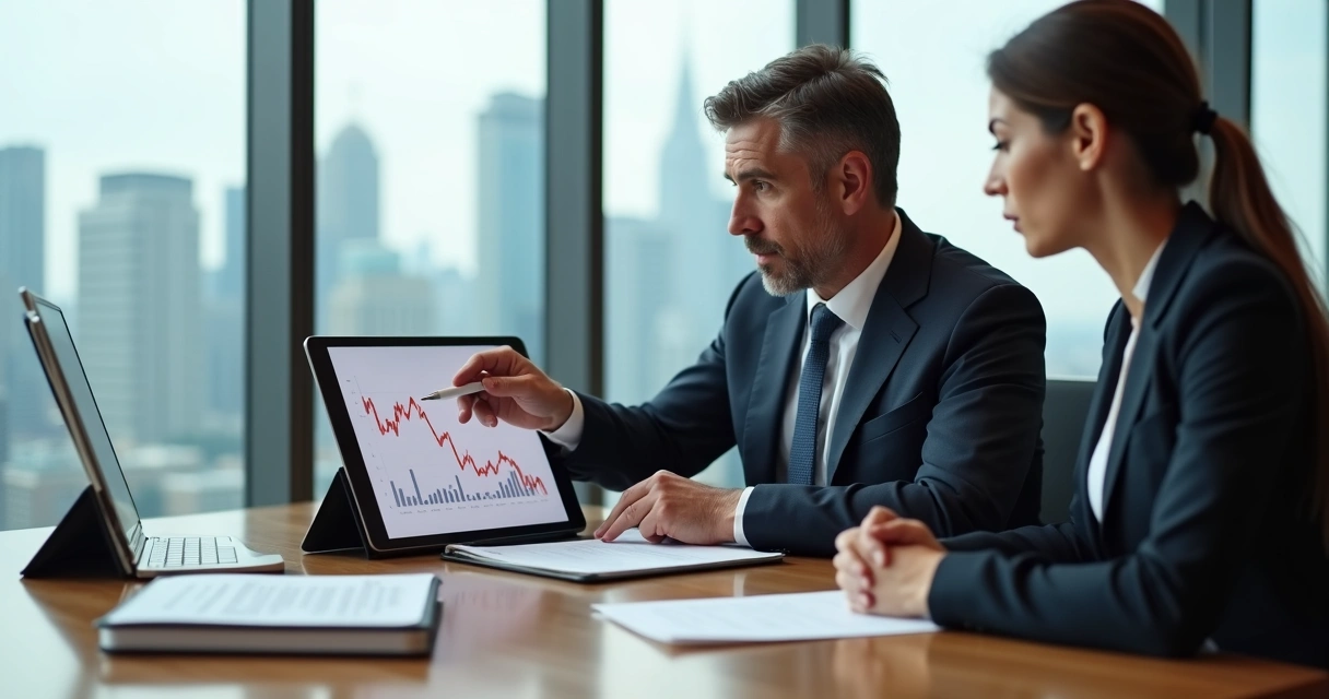 Advogado analisando queda de clientes em gráfico ao lado de empresária preocupada 