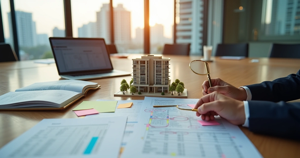 Advogado analisa documentos imobiliários com maquete de prédio e lupa sobre a mesa 