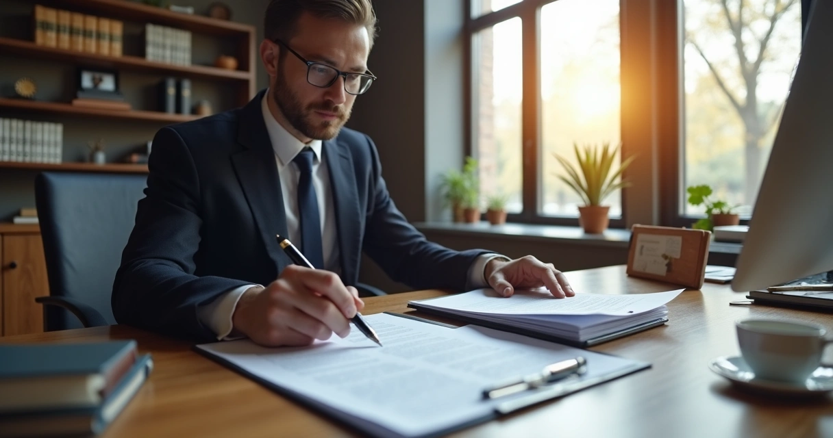 Advogado analisando documentos de inventário em escritório moderno.