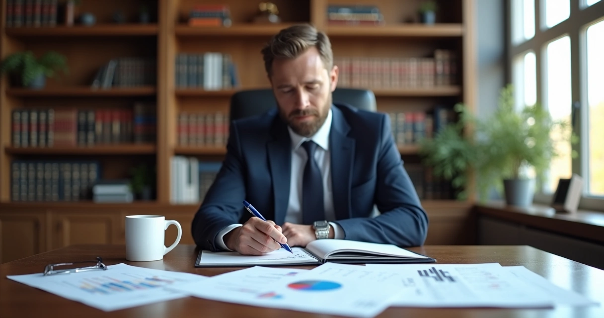 Advogado analisando gráficos e resultados de anúncios, sentado à mesa com notebook e papéis 