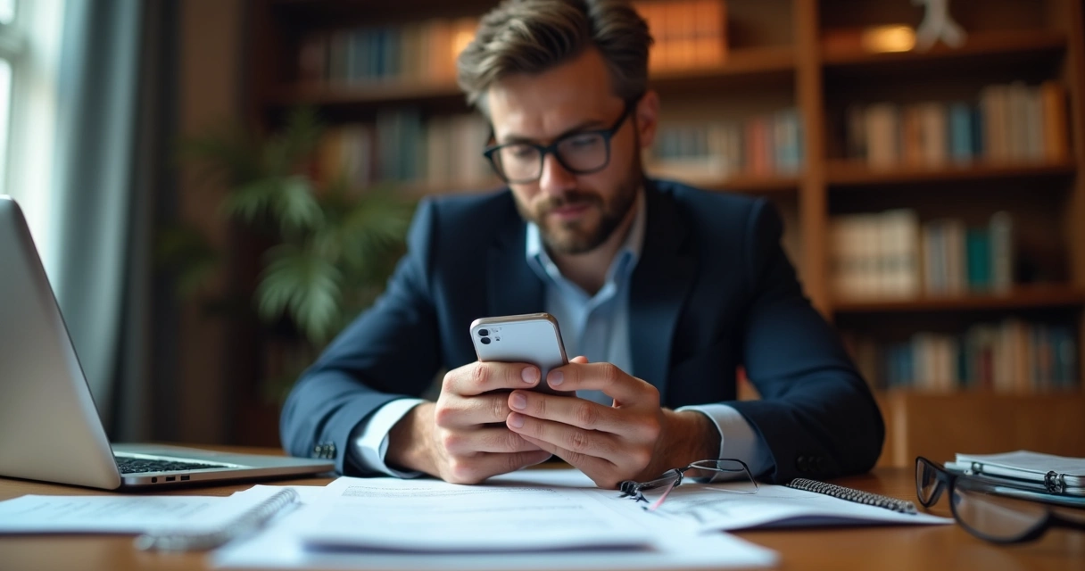 Advogado analisando celular e documentos em mesa