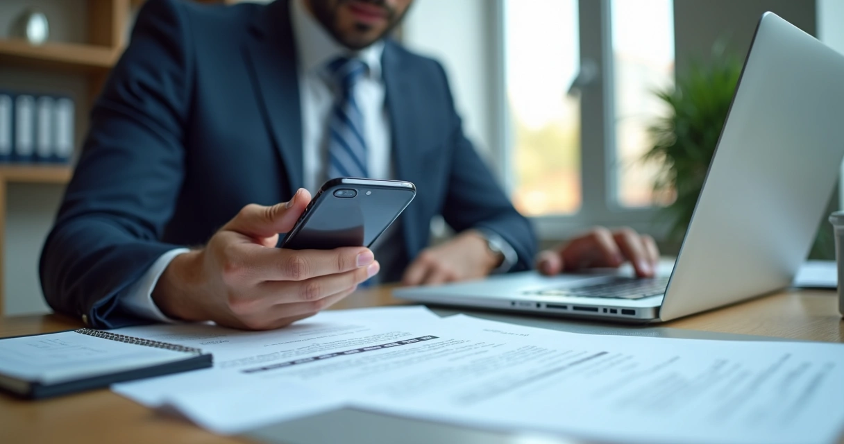 Advogado analisando celular e documentos em mesa de escritório