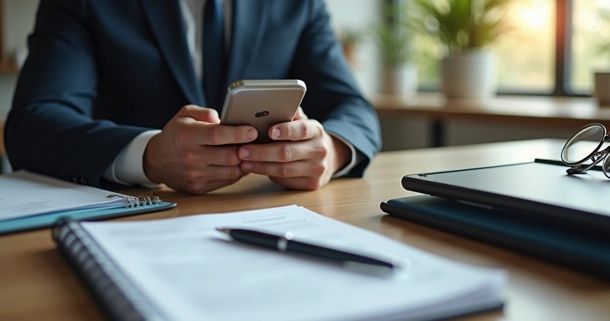 Profissional analisando celular e documentos em escritório 