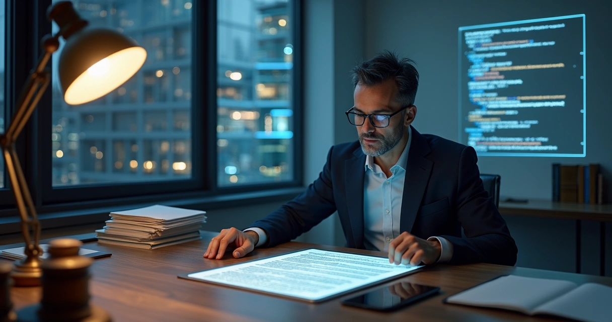 Advogado revisando contrato digital com inteligência artificial destacando cláusulas 