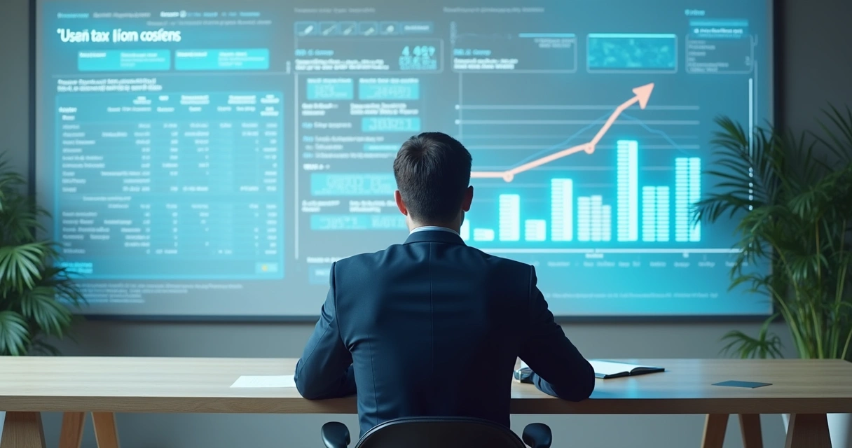 Advogado analisando documentos fiscais e gráficos digitais