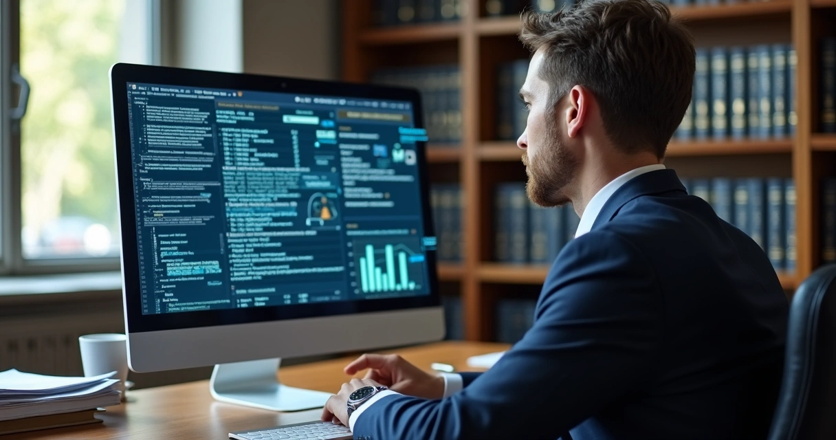 Advogado sentado em frente ao computador analisando decisão judicial com gráficos na tela 