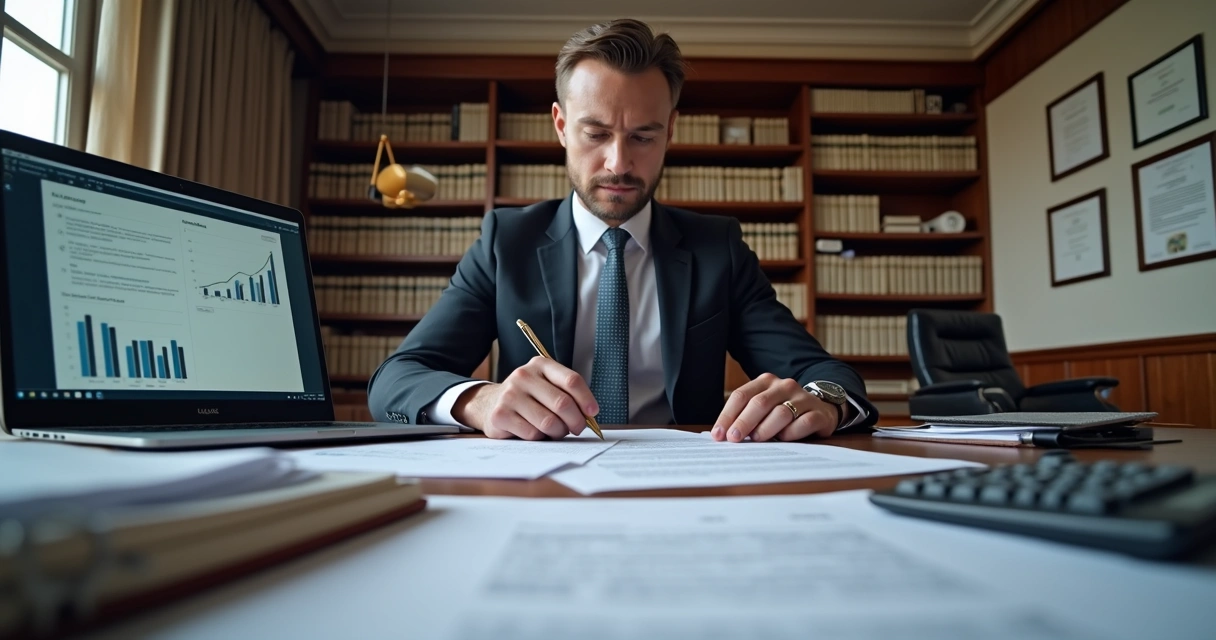 Advogado revisando documentos jurídicos em escritório moderno com pilhas de papéis e laptop 