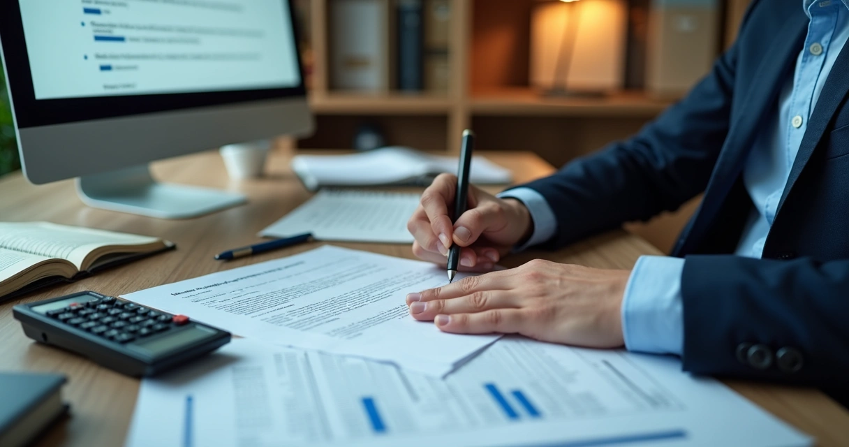 Advogado analisando extratos bancários e documentos