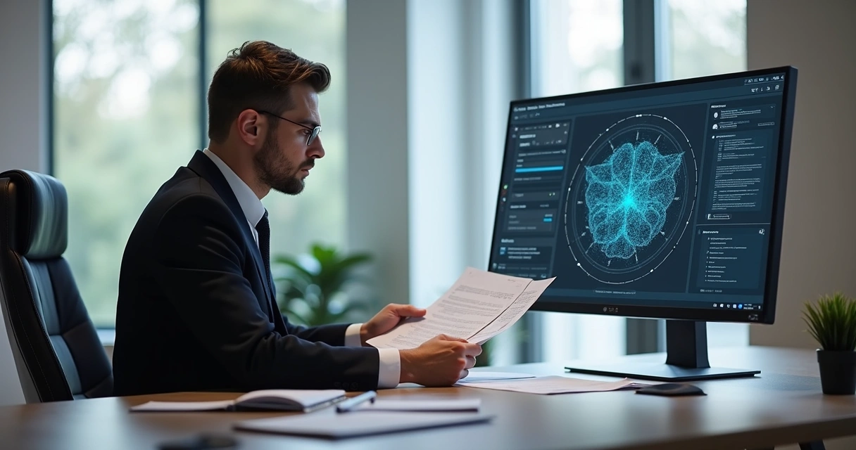 Advogado analisando petição ao lado de computador com interface de IA 
