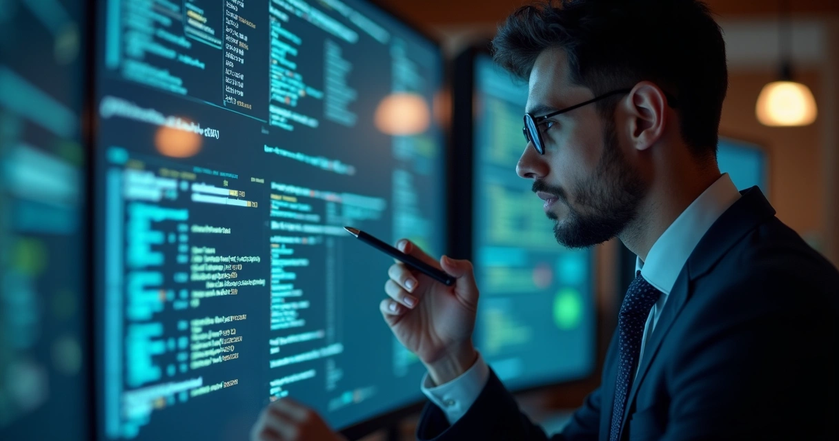 Advogado analisando telas de computador com plataformas de atualização legislativa e softwares fiscais lado a lado 