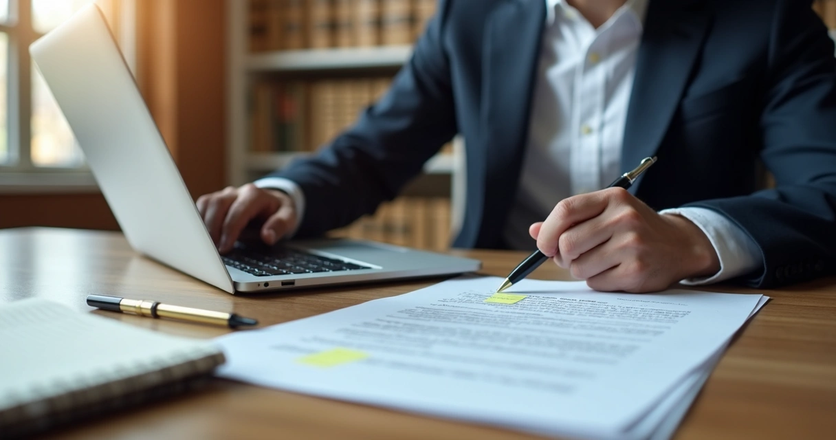 Advogado revisando processo em segunda instância com notebook e autos digitais
