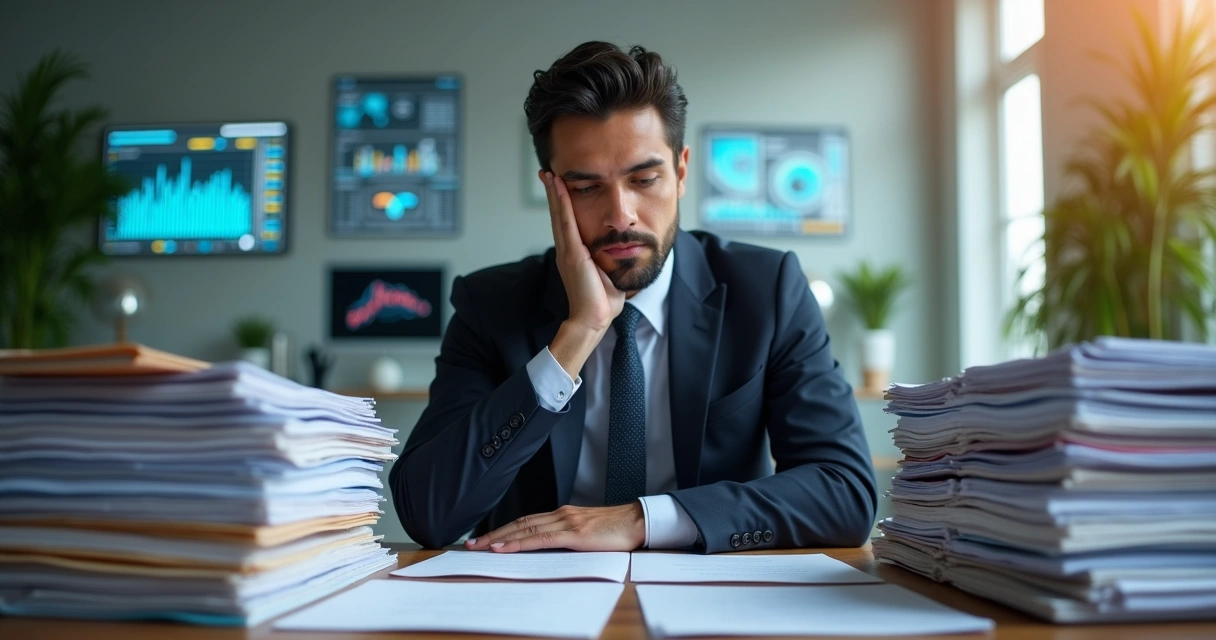 Advogado analisando tarefas com opções de terceirização e automação ao fundo 