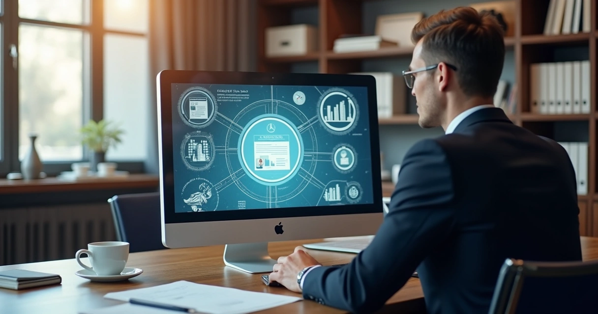 Advogado analisando contrato digital em tela 