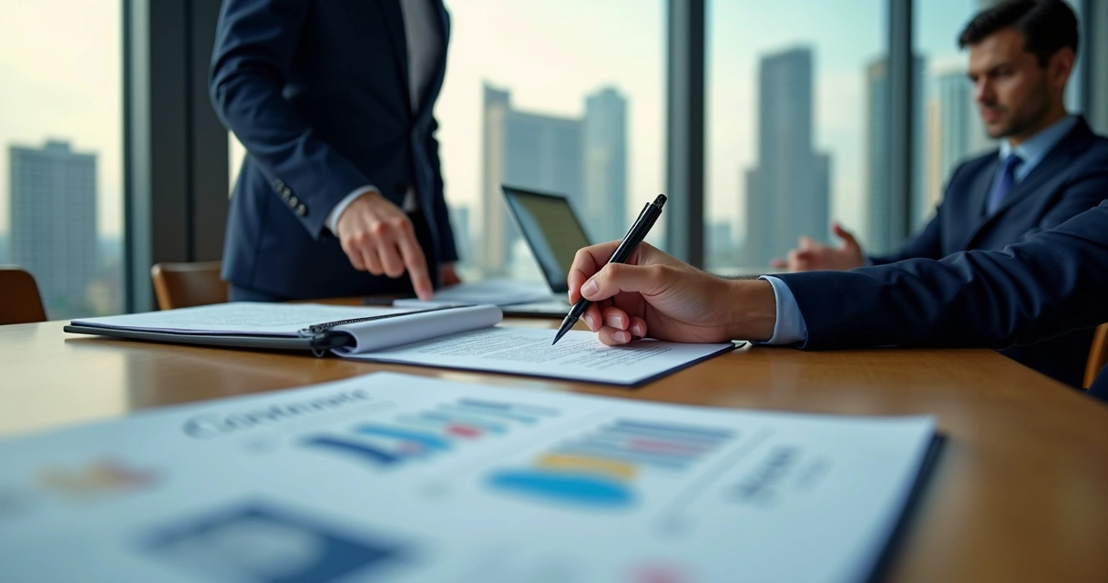 Advogado analisa contrato de serviços com gráficos de risco tributário na mesa 