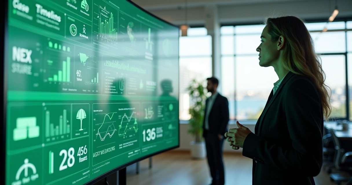 Advogado observa tela digital com dados jurídicos e gráficos